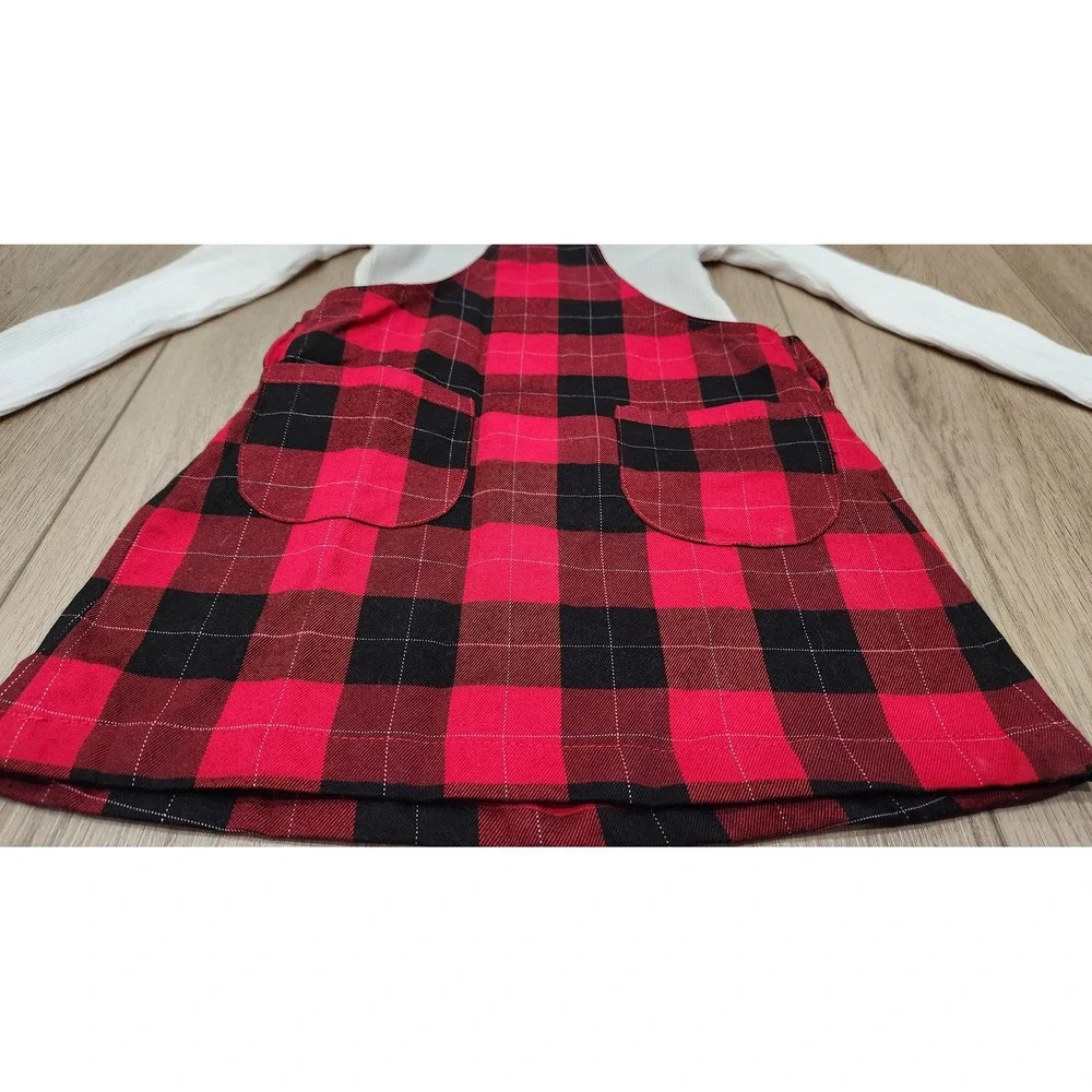 Girls Red Black Buffalo Plaid Pinafore Jumper Dress White Turtleneck Outfit 3T‎